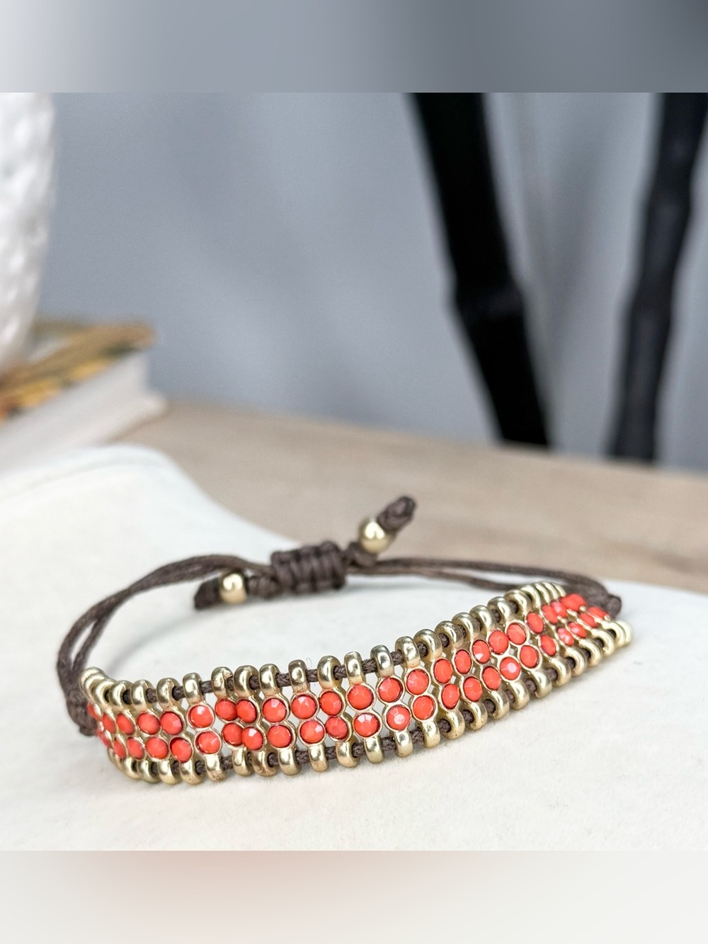 Coral Color Boho Bracelet Gold Tone Adjustable Cord Tribal Festival Statement